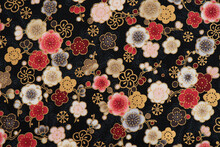 Cherry Flowers Blossoms Pattern Part Of The Old Japanese Fabric On Black  Background.