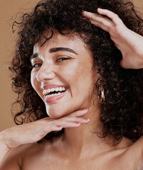 Poster - Portrait, woman and face makeup, happy and skincare with beauty, smile and happy in brown studio background. Hair care, afro or curls with healthy skin, glow and happiness model with facial cosmetic