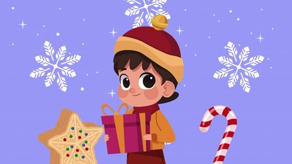 Poster - little boy wearing winter clothes with gift