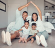 © David L/peopleimages.com - Family, roof and hands together for portrait on bedroom floor for insurance, support bonding and quality time. Security, protection and happy parents with children for love or safety in family home