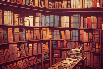 Old library or bookshop with many books on shelves