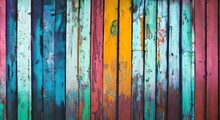 Colorful Wooden Background Texture, Multicolored Planks Wall. Oldpainted Wood Wall. Colored Shabby Wooden Board.