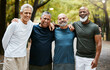 © M Einero/peopleimages.com - Fitness portrait of senior diversity friends on outdoor exercise run, cardio training or nature park friendship reunion. Solidarity, retirement health and group of people, runner or men in London UK