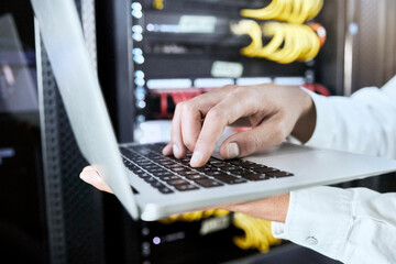 hand, laptop or programmer working on software coding, programming or 404 error glitch for cybersecu
