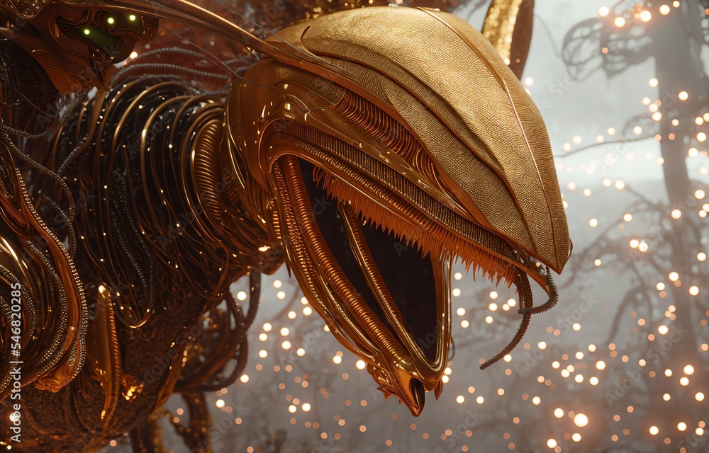 fantasy alien robot monster with golden armor and many mechanical parts
