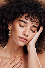 Wall Mural - woman face and skincare beauty, hair care and makeup with natural cosmetics with glow in brown studi