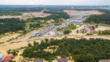 Aerial view of Dengkil district from flooding that causes damage of the infrastructure and housing area. Selective focus, contains dust and grain