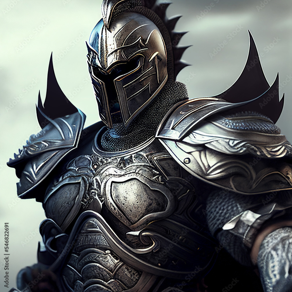 Epic Portrait Medieval Warrior Wearing Complex Filigree Knights Armor Helmet and Vest, 3D Knight Warrior Illustration, Suitable for T Shirt, Bag, Mug, Hoodie Accessories. 