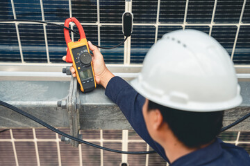 The solar farm(solar panel) with engineers check the operation of the system, Alternative energy to conserve the world's energy, Photovoltaic module idea for clean energy production