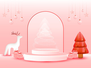 Wall Mural - 3D vector illustration of round showcase background, pine tree, gift boxes and reindeer decorative elements for Christmas celebration.