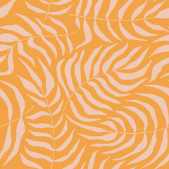 Groovy leaf seamless pattern. Retro trippy cute palm leaves on a yellow background. Summer abstract floral textile vintage print. Pastel trendy garden ornament in 70s moody style.