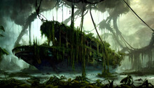 Rotten / Decayed Boat / Yacht, Overgrown With Vegetation And Hanging Vines In A Post-apocalyptic Tropical Forest Landscape, Hazy And Misty Atmosphere - Painted - Concept Art 