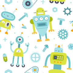Wall Mural - cute pattern with robots for kids. seamless naive vector print for baby textile and fabric.