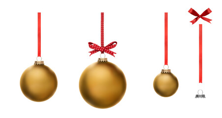 Wall Mural - A collection of plain gold Christmas baubles hanging from red ribbon and bow isolated against a transparent background.