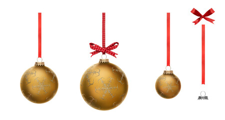 Wall Mural - A collection of gold Christmas baubles hanging from red ribbon and bow with snowflake glitter patterns on them isolated against a transparent background.