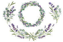Watercolor Eucalyptus Leaves And Lavender Flower Illustration. Floral Frame, Border Bouquet Set. Greenery Wreath.  Wedding Invitation. Provence Clipart Isolated On Transparent Background
