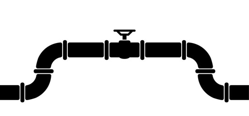 Wall Mural - Water, oil or gas pipeline with fittings and valves. Pipeline and black tap, open, close. Globe valve icon or pictogram. Vector pipe fitting symbol. Wastewater or Waste water logo. Distribution.