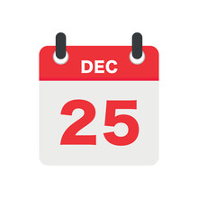 25 Dec Red Calendar Icon On White Transparent Background, Vector.
