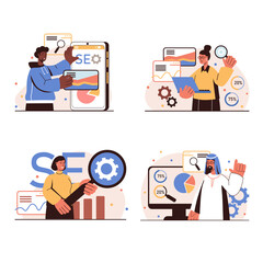 Wall Mural - seo analysis people concept isolated scenes set. men and women optimize website for search engines, 