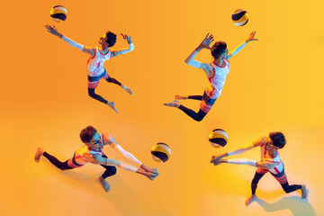 Wall Mural - Collage. Young man, beach volleyball player in motion, training, playing isolated on yellow studio background in neon light