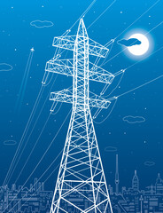 Wall Mural - High voltage transmission systems. Electric pole. Power lines. A network of interconnected electrical. White otlines on blue background. Vector design illustration