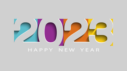 2023, Happy New Year 2023. Creative design of numbers and text. Symbol of wishes, celebration. Gray and colorful background. Design for calendar. Poster, inscription, greeting card or print, template