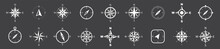 Compass Icon Collection. Vintage Marine Wind Rose, Nautical Chart. Monochrome Navigational Compass With Cardinal Directions Of North, East, South, West. Geographical Position. Vector Illustration