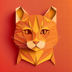 Paper craft cute cat. Origami orange cat on red background. Digital art paper cat. Design element.