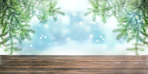 Wall Mural - Christmas empty wooden table and fir branches