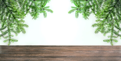 Wall Mural - Christmas empty wooden table and fir branches