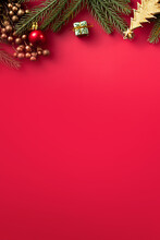 Christmas Background Design Concept With Beautiful Decors And Tree Branch.