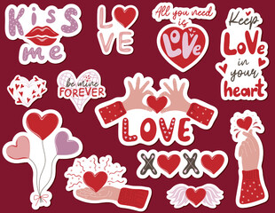 Poster - Set of valentines stickers with lettering and hands holding hearts. Print for graphic tee, sweatshirt, poster. Vector collection of Happy Valentines day theme elements