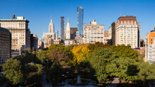 Elevated view of Union Square Park with surrounding skyscrapers in autumn. Manhattan, New York City