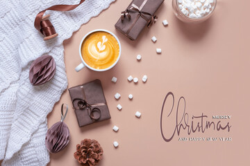 Wall Mural - Christmas hugge flat lay composition with paper balls, plaid and march mellow. Copy space