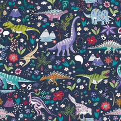 Wall Mural - Dinosaur collection vector seamless pattern.