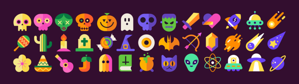 Pop culture icon set. Geek icon collection. Flat vector illustrations. Halloween, fantasy and science fiction symbols. Isolated elements. Video game iconography. Funny and colorful pictograms. Bundle.