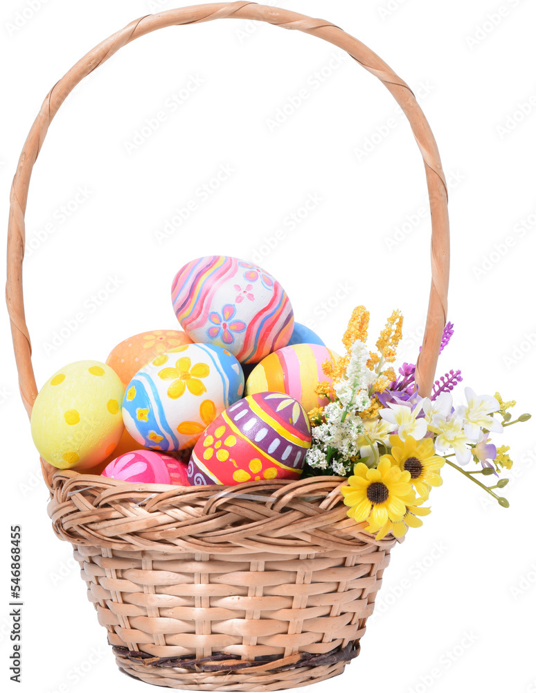 Happy Easter day colorful eggs in basket with flowers Stock Photo ...