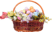 Happy Easter Day Colorful Eggs In Basket With Flowers