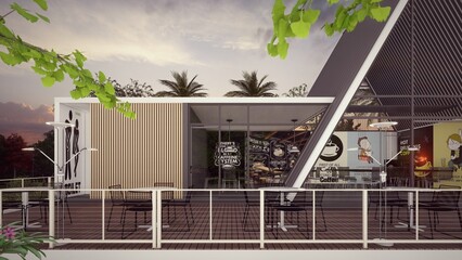 coffee shop architectural design concept with banner menu mockup and lamp 3d illustration