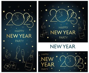 set Happy New Year greeting card vector template. Festive Christmas social media banner design with congratulations. Gold number 2023 framed by realistic confetti illustration with typography.