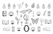 © Diana Kovach - Hand drawn set of mystical glass bottle, crystal ball, book, mirror, globe, hourglass, goldfish, hummingbird, butterfly in line art. Magic talisman. Vector illustration isolated on white background