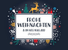 Weihnachtskarte Mit Festlichem Ornament - Weihnachtsgrüße Deutscher Text - Bunte Dekorative Grafiken Auf Schwarzem Hintergrund
