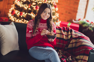 Photo of cheerful positive optimistic girl with brunette hair wear red ornament jumper hold plate of tasty cookies in house indoors