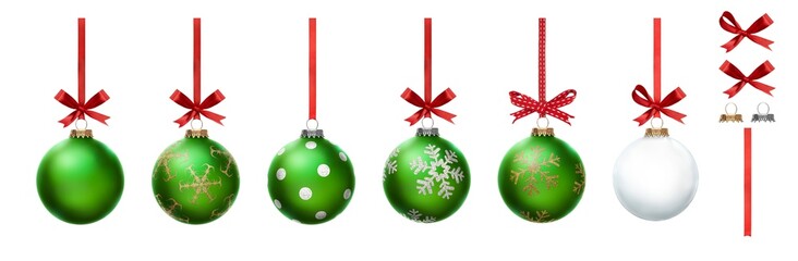 Wall Mural - A collection of green Christmas baubles hanging from red ribbon and bow with snowflake glitter patterns on them isolated against a transparent background.