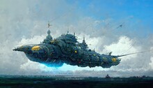 Alien Spaceship In Flight, Science Fiction Illustrative Style Scene 