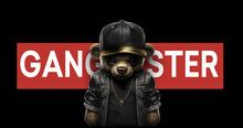 Cute, Funny Teddy Bear In A Cap And With A Chain On A Black Background. Gangster Kars Slogan With A Bear Doll. Vector Illustration