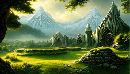 Sunlit fantasy landscape with mountains, forests and lakes -  elves - concept art - fantasy - painting