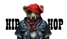 Cute, Funny Teddy Bear In A Red Bandana And A Denim Jacket. The Slogan Is Hip-hop With A Bear Doll. Vector Illustration