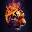 Fire tiger head on black background. Isolated tiger made of fire