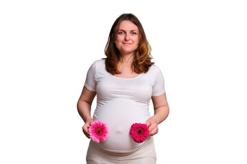 Pregnant woman with two red flowers, white background twin pregnancy concept